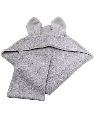 Bamboom Towel with Ears + Glove - Gray - Bamboo Towels And Flannels
