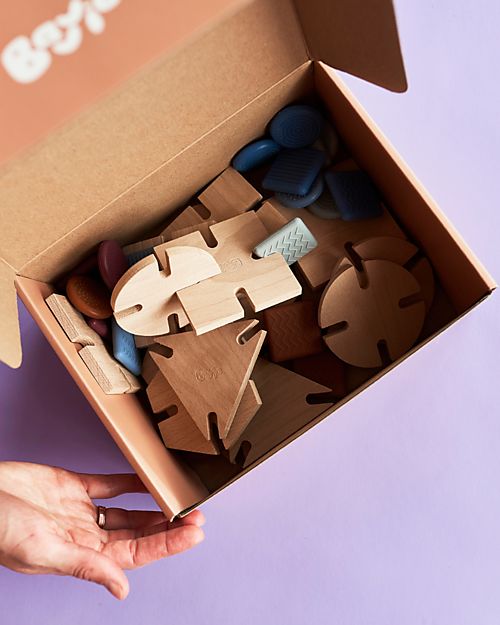 Bavvic 48 Piece Builder Set - Beech Wood and Silicone Constructions - Promotes STEAM Learning! Wooden Blocks and Construction Sets