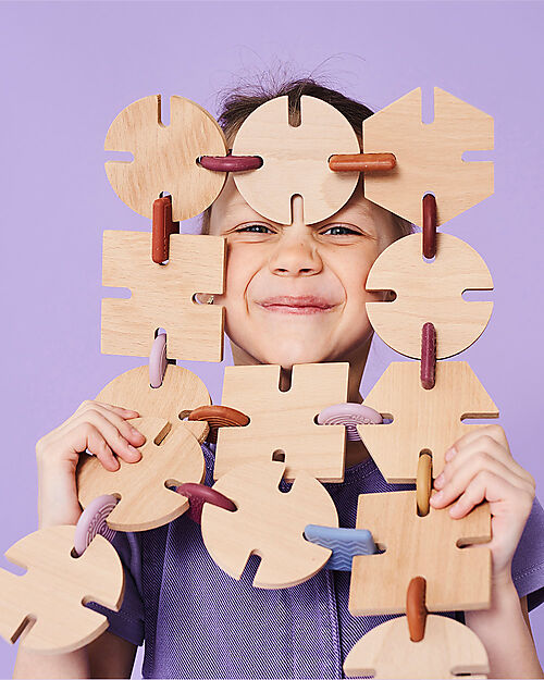 Bavvic 48 Piece Builder Set - Beech Wood and Silicone Constructions - Promotes STEAM Learning! Wooden Blocks and Construction Sets