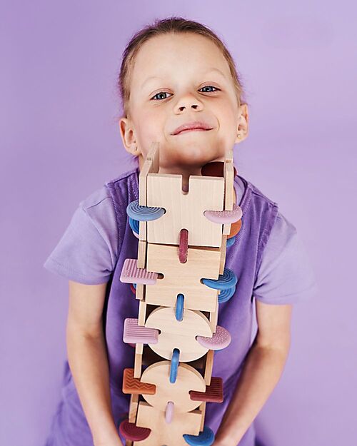 Bavvic 48 Piece Builder Set - Beech Wood and Silicone Constructions - Promotes STEAM Learning! Wooden Blocks and Construction Sets