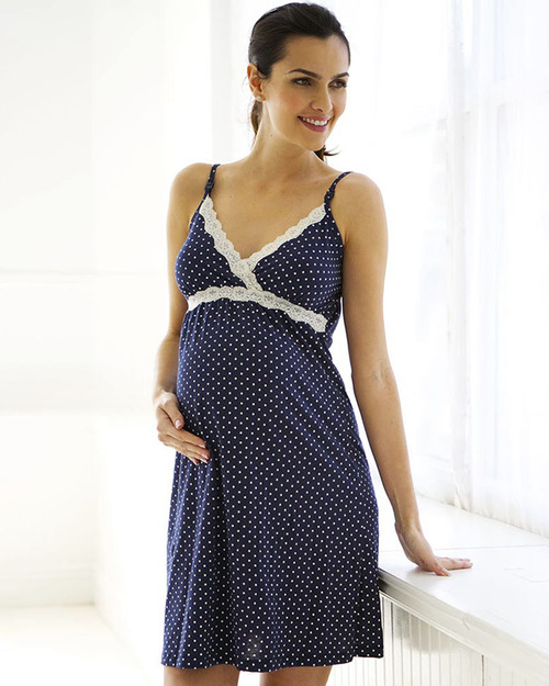 Belabumbum Maternity and Nursing Nightgown - Blue with Polka Dots - 100% Pima Cotton Nightdress