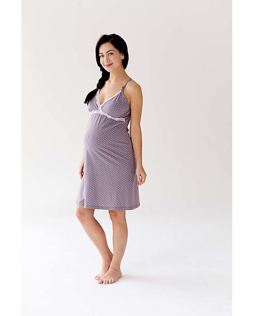 Belabumbum Maternity and Nursing Nightgown - Pale Grey with Polka Dots - 100% Pima Cotton Nightdress