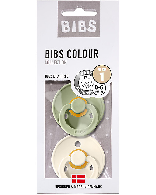 BIBS Colour Pacifier - Round Nipple in Latex - Set of 2 - Ivory and Sage - BPA & PVC Free Dummies & Soothers