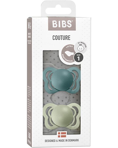 BIBS Couture Pacifier - Anatomical Nipple in Latex - Set of 2 - Island Sea and Sage - BPA & PVC Free Dummies & Soothers