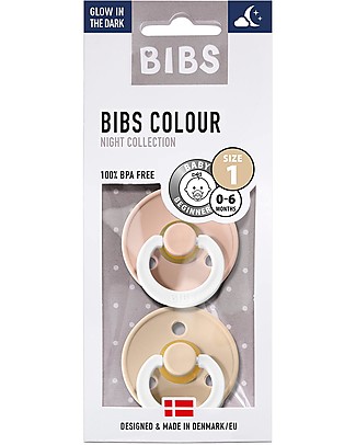 Bibs Set of 2 Bibs Colour Pacifiers - Blush Night & Vanilla Night - Natural Rubber Teat - Made in Denmark - with Light Round Shield - BPA & PVC Free Dummies & Soothers