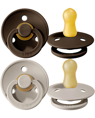 Bibs Set of 2 Bibs Colour Pacifiers - Chocolate & Sand - Natural Rubber Teat - Made in Denmark - with Light Round Shield - BPA & PVC Free Dummies & Soothers