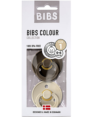 Bibs Set of 2 Bibs Colour Pacifiers - Chocolate & Sand - Natural Rubber Teat - Made in Denmark - with Light Round Shield - BPA & PVC Free Dummies & Soothers
