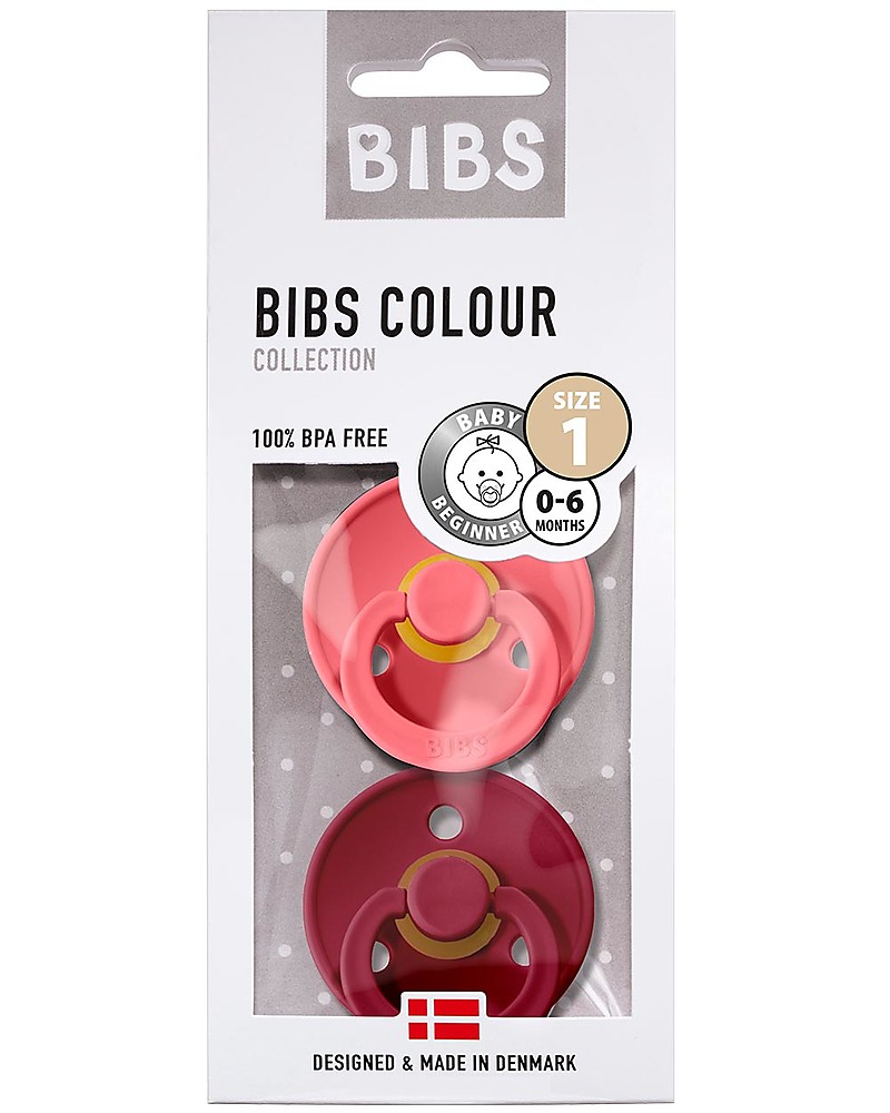 Bibs Set of 2 Bibs Colour Pacifiers Coral & Ruby Natural Rubber