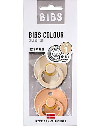 Bibs Set of 2 Bibs Colour Pacifiers - Vanilla & Peach - Natural Rubber Teat - Made in Denmark - with Light Round Shield - BPA & PVC Free Dummies & Soothers