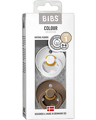 Bibs Set of 2 Bibs Colour Pacifiers - White & Dark Oak - Natural Rubber Teat - Made in Denmark - with Light Round Shield - BPA & PVC Free Dummies & Soothers