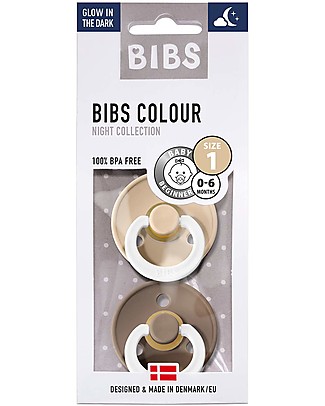 Bibs Set of 2 Bibs Night Pacifiers - Dark Oak Night & Vanilla Night - Natural Rubber Teat - Made in Denmark - with Light Round Shield - BPA & PVC Free Dummies & Soothers