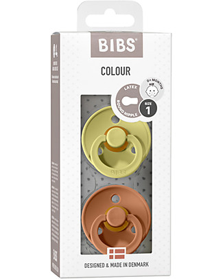 Bibs Set of 2 Color Pacifiers - Meadow & Earth - Natural Rubber Teat - Made in Denmark - with Round and Light Face Mask - BPA & PVC Free Dummies & Soothers