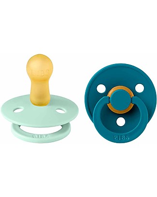 Bibs Set of 2 Colour Pacifiers - Nordic Mint & Forest Lake - Natural Rubber Teat - Made in Denmark - with Light Round Shield - BPA & PVC Free Dummies & Soothers