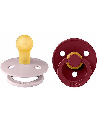 Bibs Set of 2 Colour Pacifiers - Pink Plum & Elderberry - Natural Rubber Teat - Made in Denmark - with Light Round Shield - BPA & PVC Free Dummies & Soothers