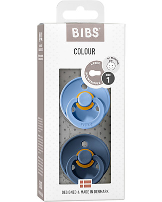 Bibs Set of 2 Colour Pacifiers - Sky Blue & Steel Blue - Natural Rubber Teat - Made in Denmark - with Light Round Shield - BPA & PVC Free Dummies & Soothers