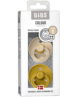 Bibs Set of 2 Colour Pacifiers - Vanilla & Mustard - Natural Rubber Teat - Made in Denmark - with Light Round Shield - BPA & PVC Free Dummies & Soothers