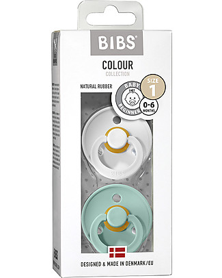 Bibs Set of 2 Colour Pacifiers - White & Mint- Natural Rubber Teat - Made in Denmark - with Light Round Shield - BPA & PVC Free Dummies & Soothers