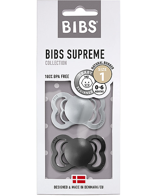 BIBS Supreme Pacifier - Symmetrical Nipple in Latex - Set of 2 - Cloud and Black - BPA & PVC Free Dummies & Soothers