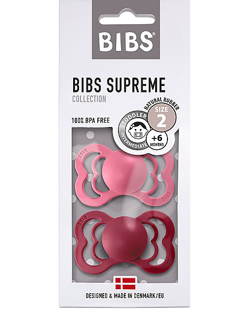 BIBS Supreme Pacifier - Symmetrical Nipple in Latex - Set of 2 - Coral and Ruby - BPA & PVC Free Dummies & Soothers