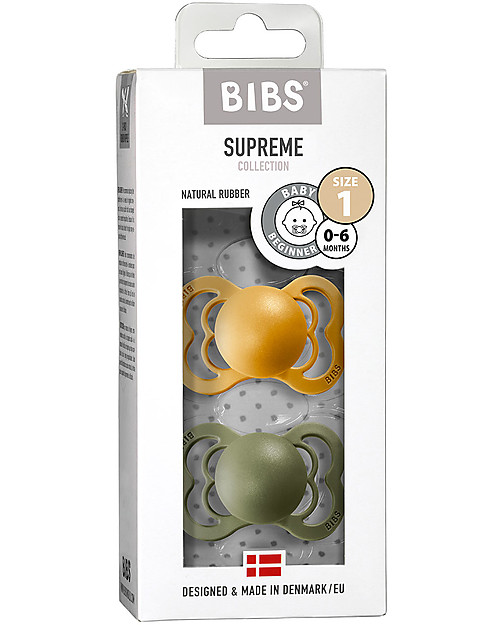 BIBS Supreme Pacifier - Symmetrical Nipple in Latex - Set of 2 - Honey Bee and Olive - BPA & PVC Free Dummies & Soothers