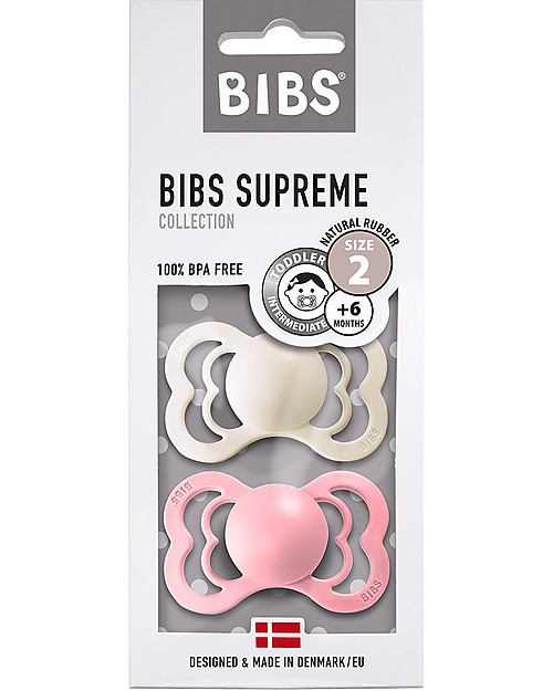 BIBS Supreme Pacifier - Symmetrical Nipple in Latex - Set of 2 - Ivory and Baby Pink - BPA & PVC Free Dummies & Soothers