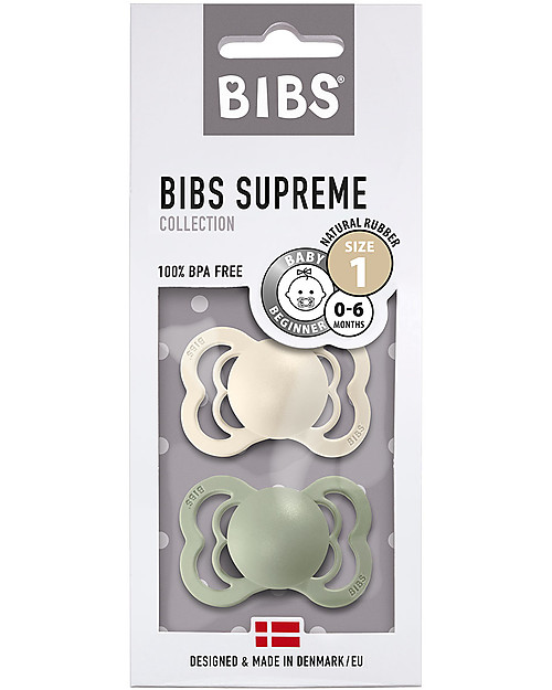 BIBS Supreme Pacifier - Symmetrical Nipple in Latex - Set of 2 - Ivory and Sage - BPA & PVC Free Dummies & Soothers