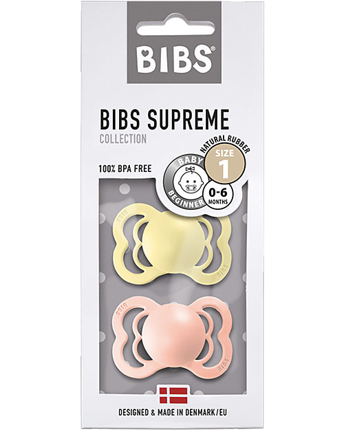 BIBS Supreme Pacifier - Symmetrical Nipple in Latex - Set of 2 - Sunshine and Peach Sunset - BPA & PVC Free Dummies & Soothers