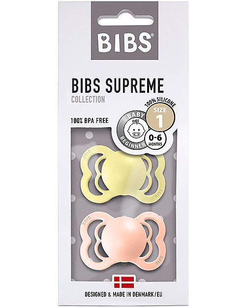 BIBS Supreme Pacifier - Symmetrical Nipple in Silicone - Set of 2 - Sunshine and Peach Sunset - BPA & PVC Free Dummies & Soothers
