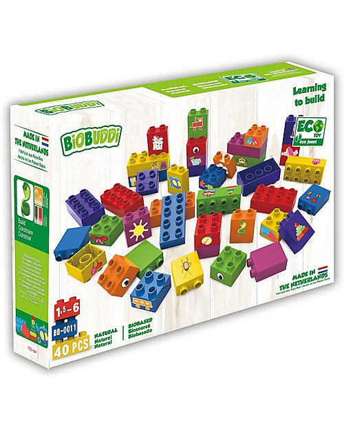 BioBuddi Eco-friendly Building Blocks "Learning to Build" - 40 blocks Wooden Blocks and Construction Sets