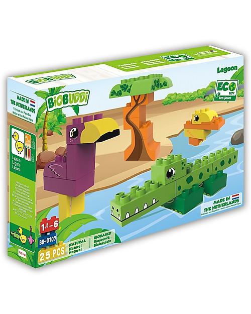 BioBuddi Eco-friendly Building Blocks Wildlife 3 in 1, Lagoon - 25 blocks Wooden Blocks and Construction Sets