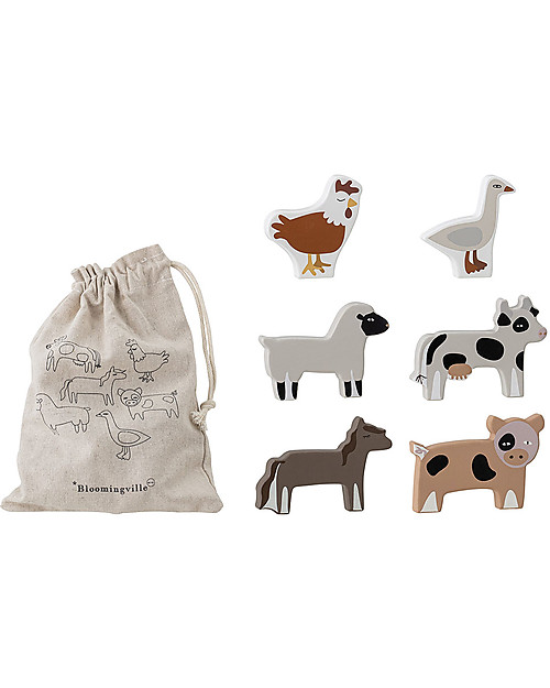 Bloomingville Karlo Farm Animals Set - Gray - MDF Wood - 6 Pieces Wooden Animals