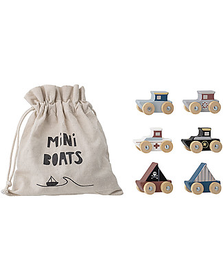 Bloomingville Set of 6 mini boats, multicolored - Drawstring bag included! Wooden Push & Pull Toys