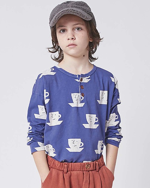 Bobo Choses Cup Of Tea All Over buttoned T-shirt - Royal blue - 100% Organic cotton Long Sleeves Tops