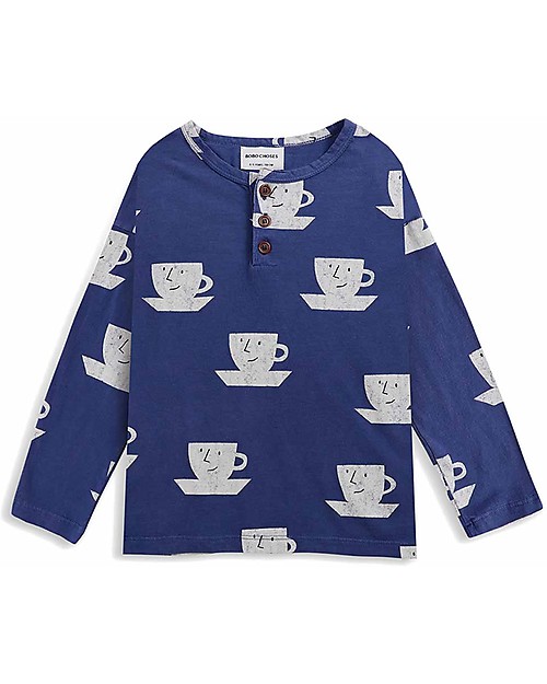 Bobo Choses Cup Of Tea All Over buttoned T-shirt - Royal blue - 100% Organic cotton Long Sleeves Tops