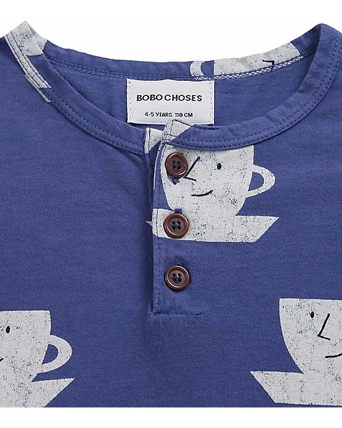 Bobo Choses Cup Of Tea All Over buttoned T-shirt - Royal blue - 100% Organic cotton Long Sleeves Tops