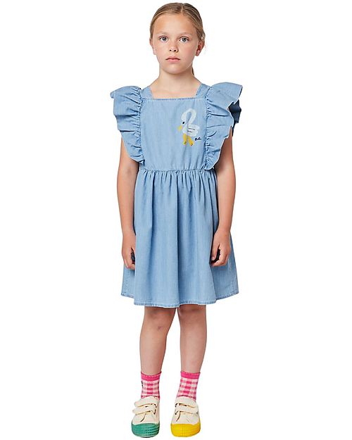 Bobo Choses Pelican Denim Ruffle Dress - Light Blue - 100% Cotton Dresses_