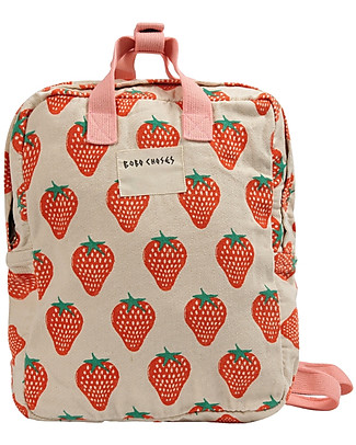 Bobo Choses School Bag - Strawberry All Over - 23 x 27 x 10 cm - 100% Organic Cotton Large Backpacks