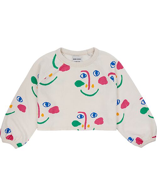 Bobo Choses Smiling Mask All Over Raglan Sleeves Cropped Sweatshirt - Offwhite - 100% Cotton Sweatshirts