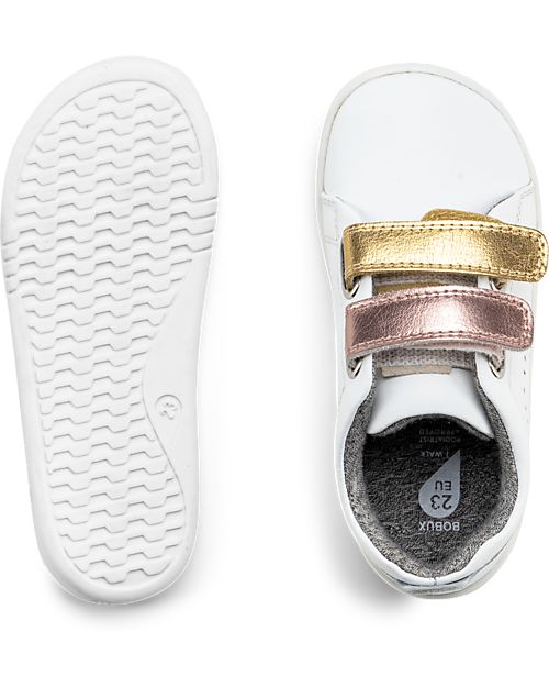 Bobux I Walk Grass Court Switch Shoe - White - Rose Gold and Gold Strap Sneakers