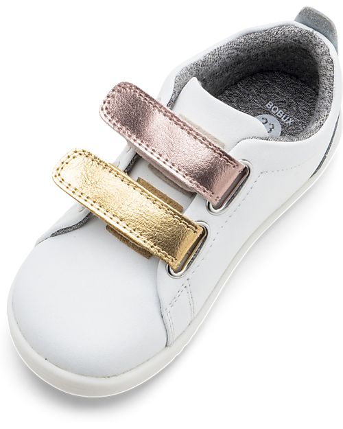 Bobux I Walk Grass Court Switch Shoe - White - Rose Gold and Gold Strap Sneakers
