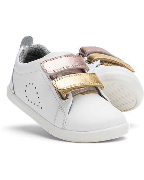 Bobux I Walk Grass Court Switch Shoe - White - Rose Gold and Gold Strap Sneakers