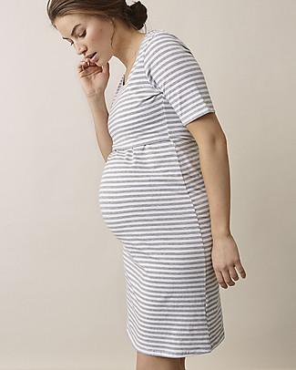 Boob Maternity & Nursing Night Dress - White/Grey Melange - Organic Cotton Pyjamas
