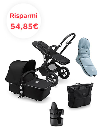 Bugaboo Bugaboo Cameleon 3 Plus Pushchair with Seat and Carrycot - Black Canopy + Vapor blue Sleeping Bag + Black Changing Bag and Drink Holder Pushchairs