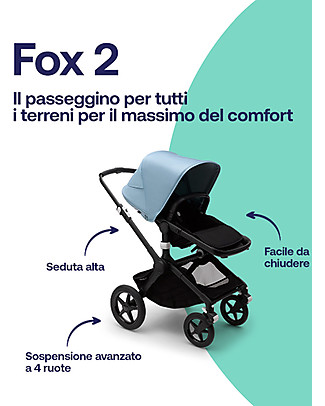 Bugaboo Bugaboo Fox 2 All-terrain Seat and Bassinet Complete Stroller - Black Frame+ Black Textiles+Vapor Blue Canopy Pushchairs