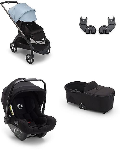 Bugaboo Dragonfly Trio - Stroller - Graphite Midnight Black Skyline Blue - Bassinet + Car Seat + Adapters - Black Midnight Black Trio and Duo Strollers
