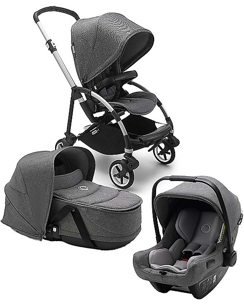 Bugaboo Trio Bee 6 Stroller Grey Melange with Carrycoat and Turtle Air Car Seat Grey Melange - Adapters Included! Trio and Duo Strollers