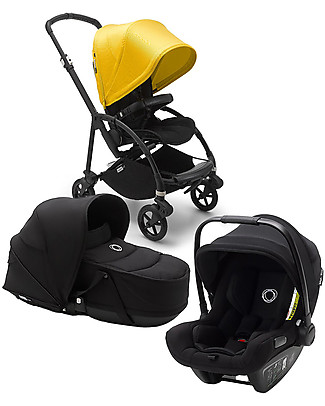 black and yellow car seat and stroller