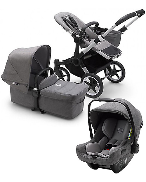 Bugaboo Trio Donkey 3 Stroller Grey Mélange with Carrycoat and Turtle Air Car Seat Grey Mélange  Trio and Duo Strollers