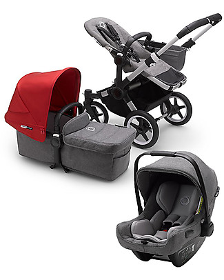 Bugaboo Trio Donkey 3 Stroller Grey Mélange with Red Canopy and Turtle Air Car Seat Grey Mélange Travel Systems
