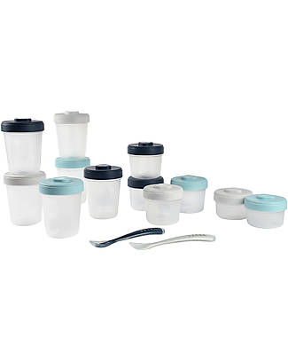 Béaba 12 Jars Set + 2 Silicone Spoons - 6x250 ml+ 4x150 ml + 2x90 ml - Blue/Light Blue/Grey Food Containers